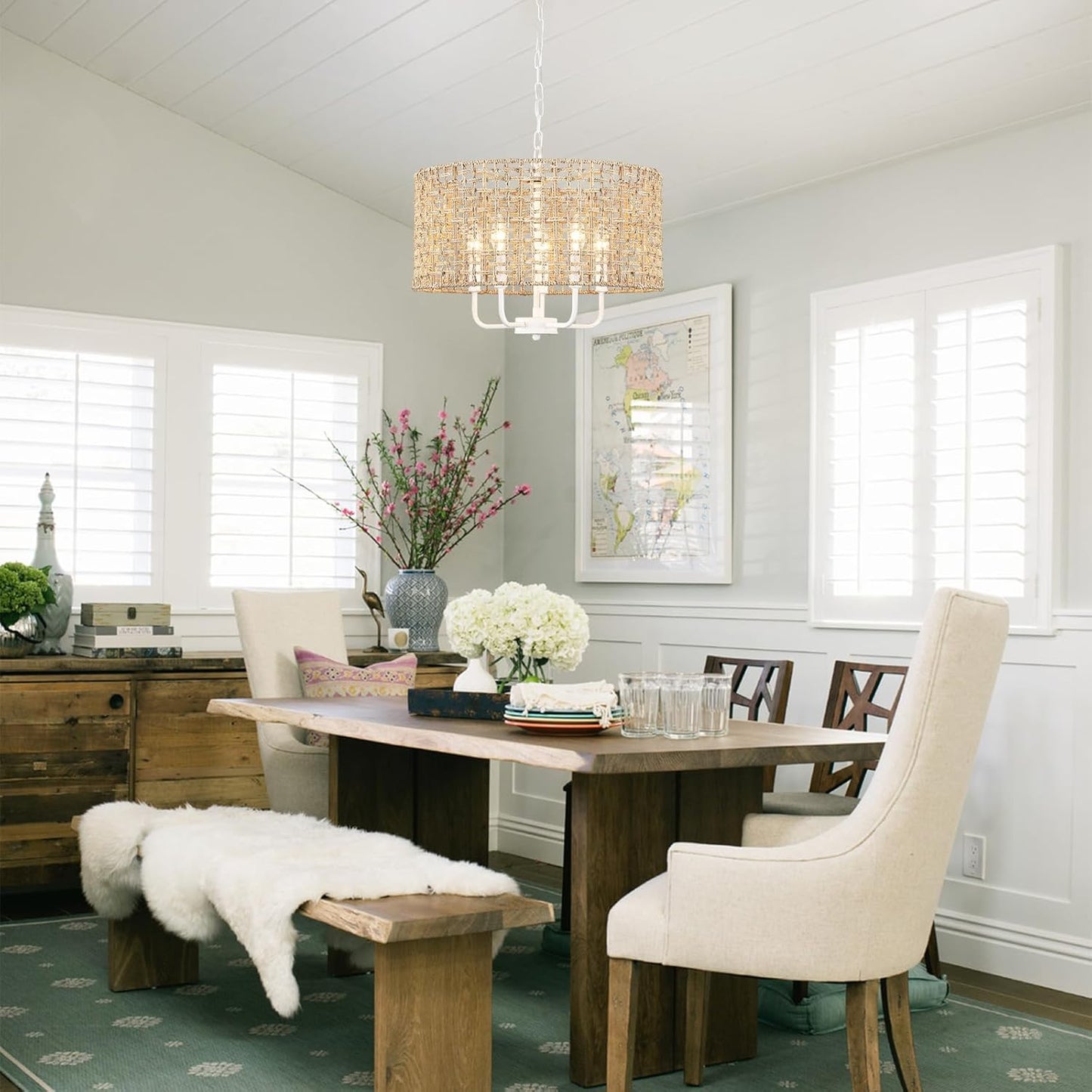 Rattan Chandelier 5-Light Farmhouse Boho Pendant Light Fixture for Dining Room Brown and White Woven Chandeliers for Ceiling Light,Bedroom,Living Room,Foyer,Kitchen Island,Coastal,Stairway,Hallway
