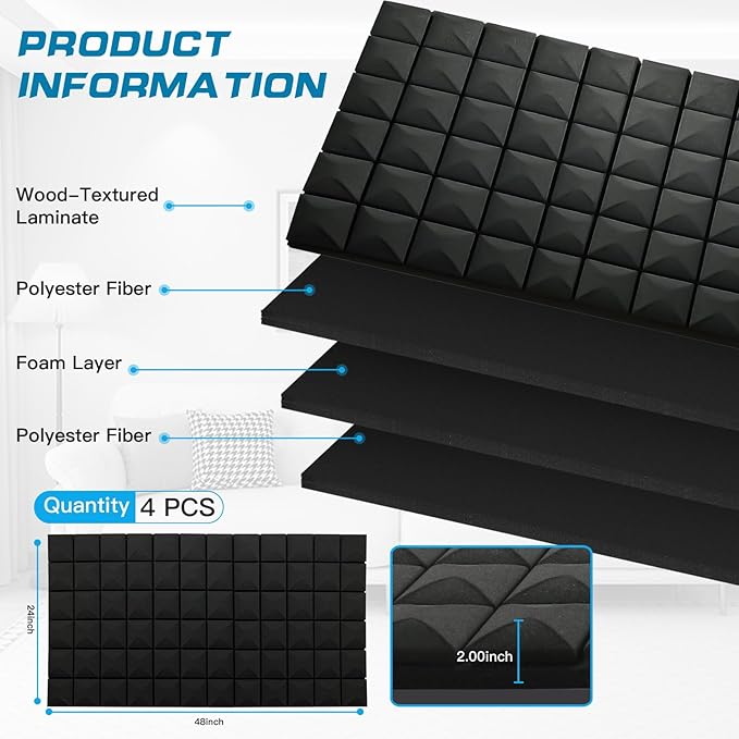 4 PCS Acoustic Panels, High Density Fire Resistant & Noise Absorbing - Image 4