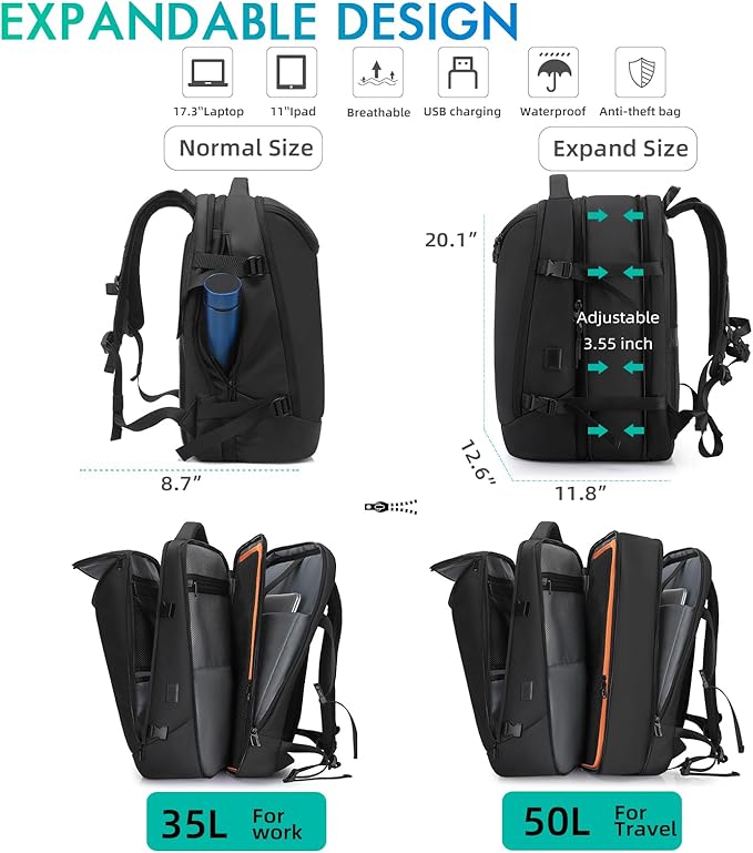 50L Carry on Travel Backpack, Expandable Airline Approved Backpacks - Image 4