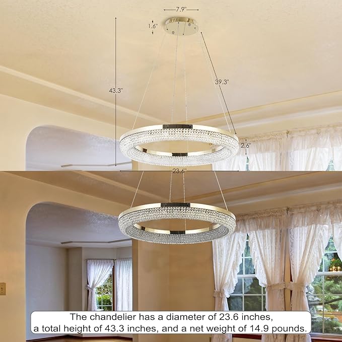 LYICYIU 23.6" Round Crysrtal Stainless Steel Pendant Lamp, 3Color LED Dimmable - Image 2