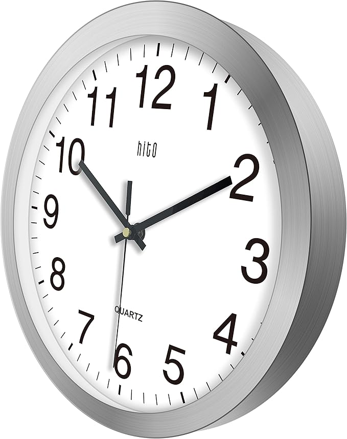 HITO 12 Inch Silent Wall Clock Battery Operated Non Ticking Glass Cover Silver - Image 2