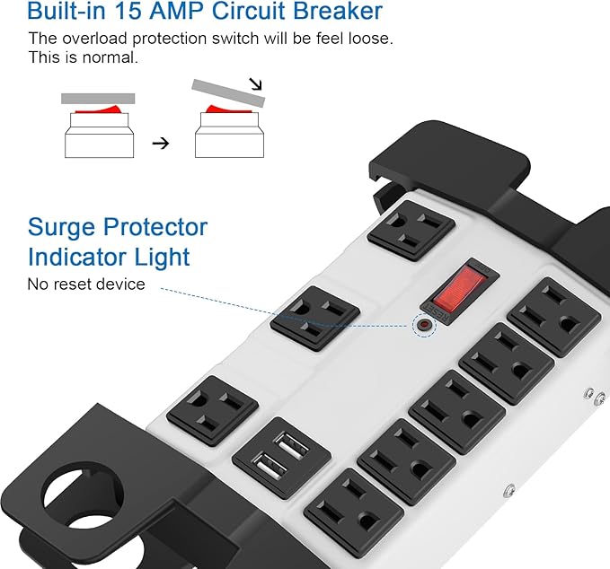 Heavy Duty Power Strip with USB, Workshop 8 Outlet Surge Protector 2700 Joules - Image 3