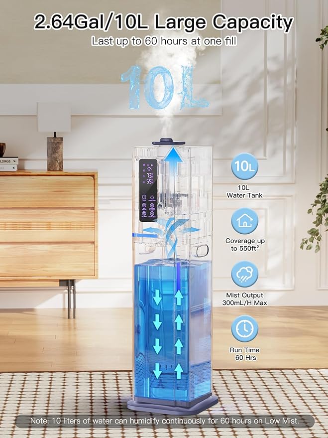 Zeova 10L/2.64Gal Humidifiers for Bedroom, Top Fill Quiet Ultrasonic Cool Mist - Image 2