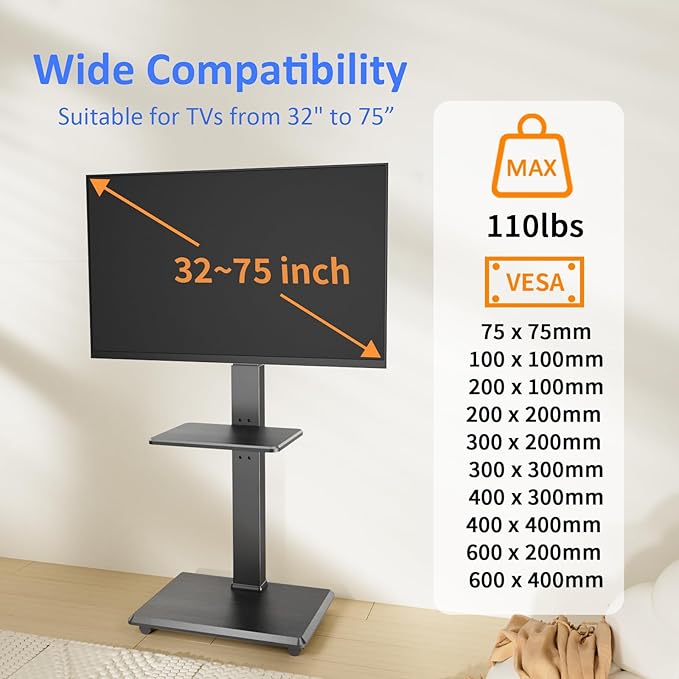 Rolling TV Stand, Mobile TV Cart - Image 2