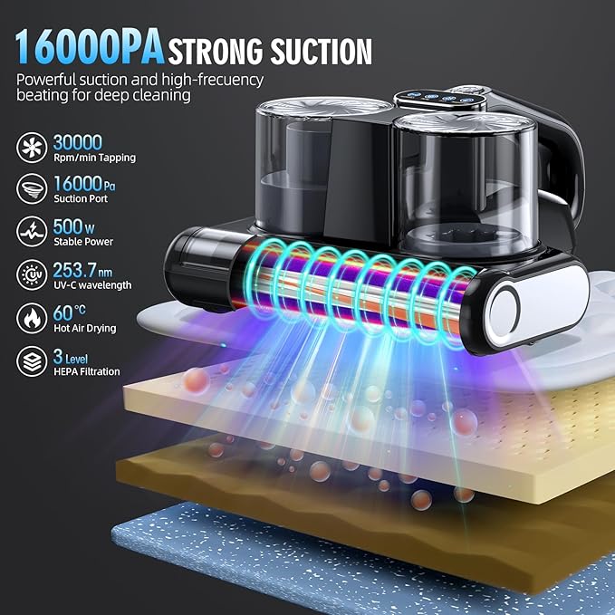 Mattress Vacuum Bed Vacuum Cleaner 16Kpa Suction 253.7nm UV-C Light, 140°F - Image 2