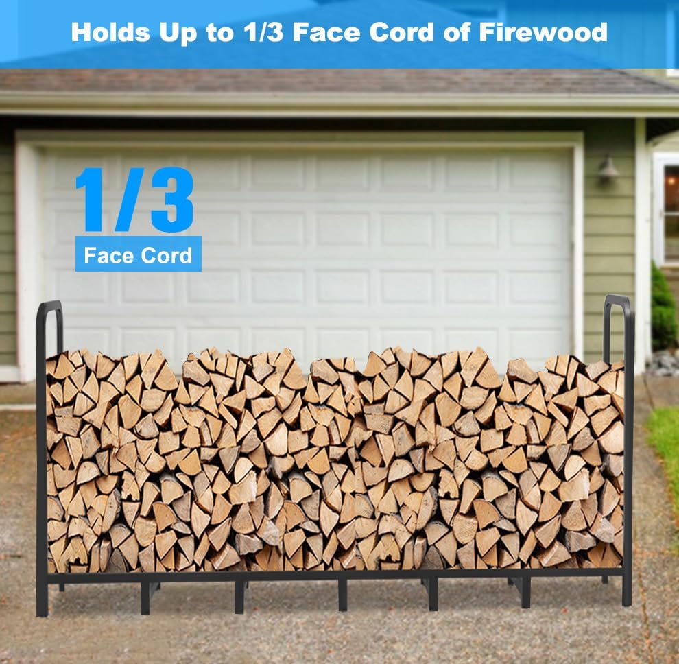 8ft firewood rack holder, adjustable heavy duty fire shown in use
