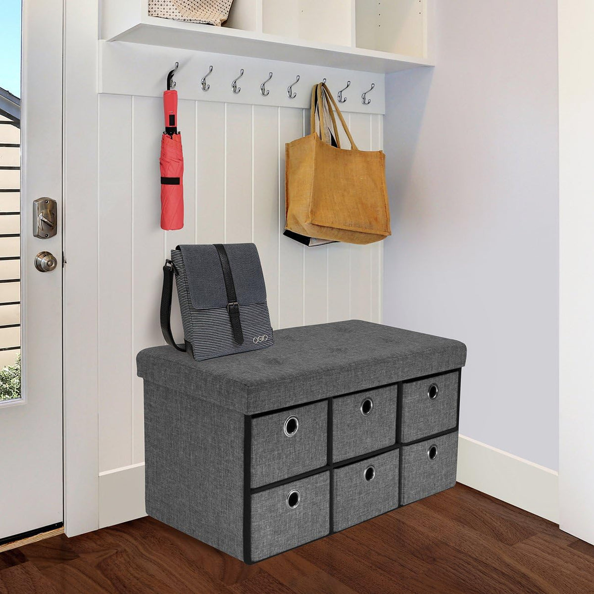 sorbus storage ottoman with drawers, collapsible bench, close-up detail