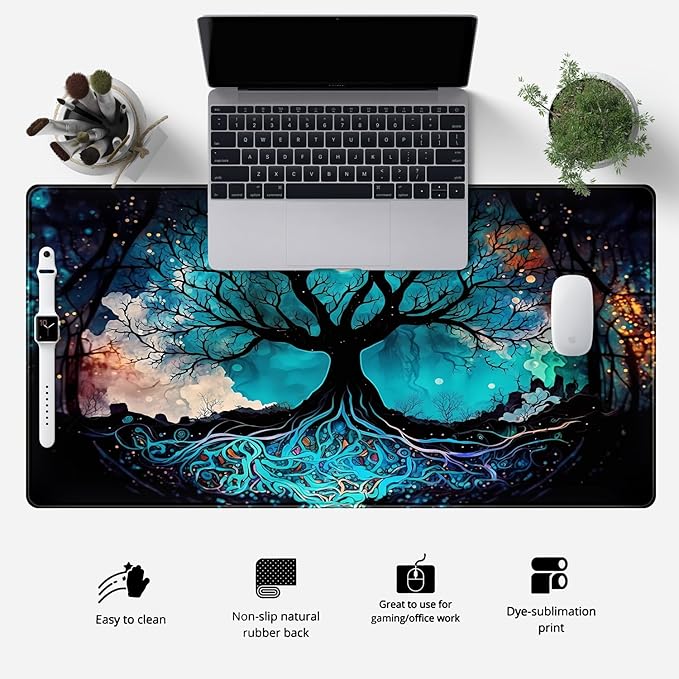 Vintage Blue AI Original Desk Mat Life Tree Aesthetics Desk Pad Large Flower - Image 2