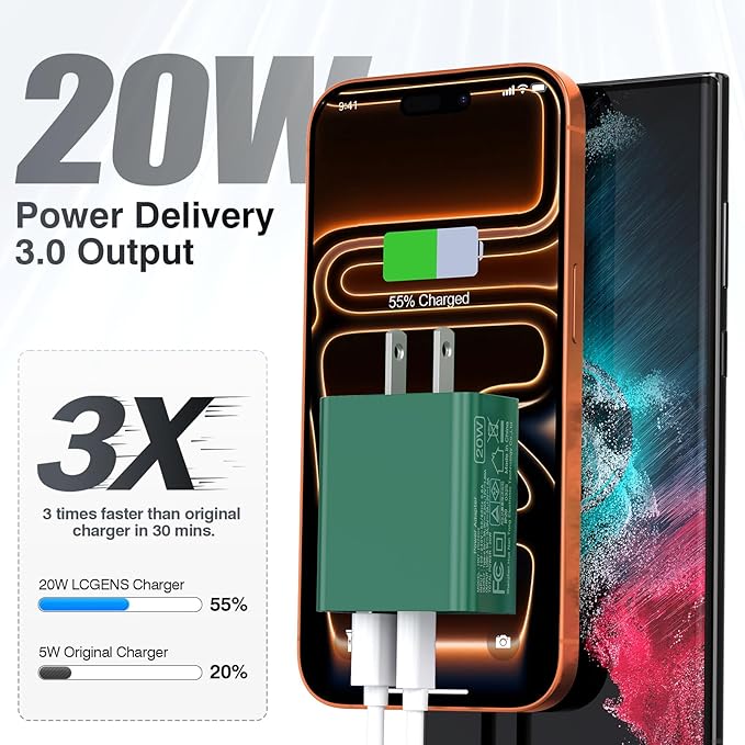 2Pack 20W Type C Charger, Dual Port USB C Wall Plug 20W PD & QC3.0 USB A Fast - Image 2