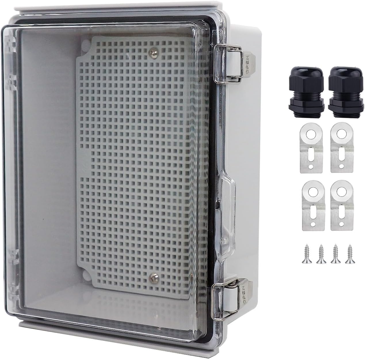 Waterproof Junction Box, ABS Plastic Electrical Box with Stainless Steel Latch, Hinged Cover Electric Project Enclosure Box with Mounting Plate, Wall Brackets & Cable Gland 8.7"x6.7"x4.3"