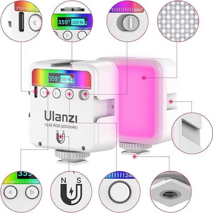 ULANZI VL49 RGB Video Lights White, LED Camera Light 360° Full Color Portable - Image 2