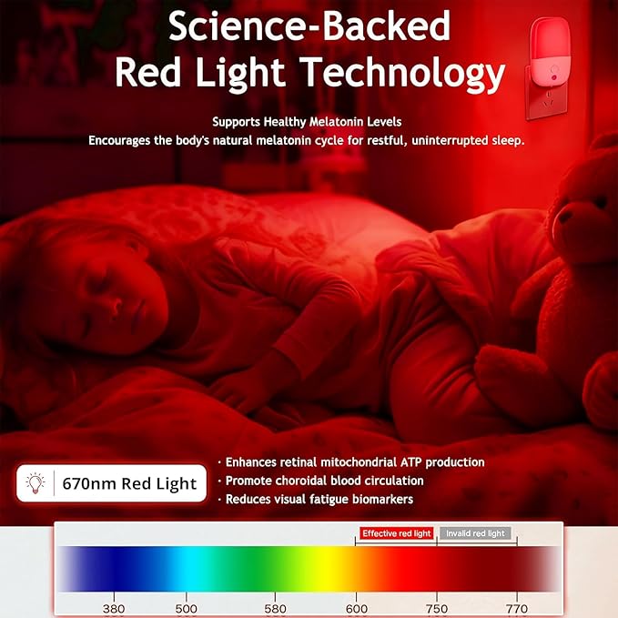 670nm Red Light Night Light for Sleep Therapy, 2 Pack Auto On/Off Dimmable - Image 4