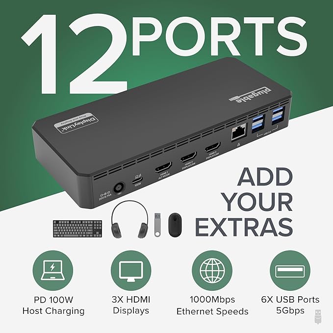 Plugable USB C Triple Display Docking Station | 100W PD, 3x HDMI, 6x USB 5Gbps - Image 2