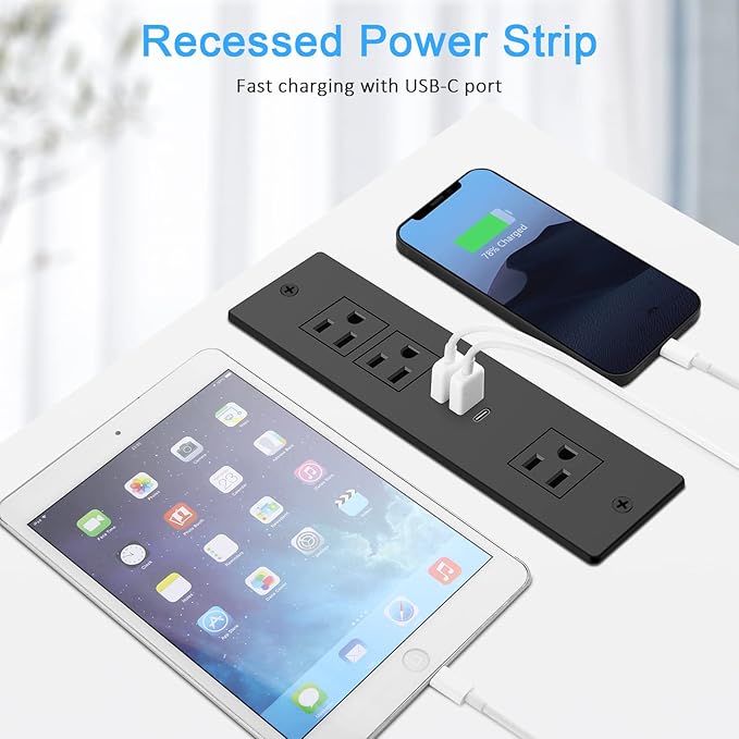Recessed Power Strip, Furniture Plug in 3 Outlets & Fast Charging 20W PD USB-C - Image 4