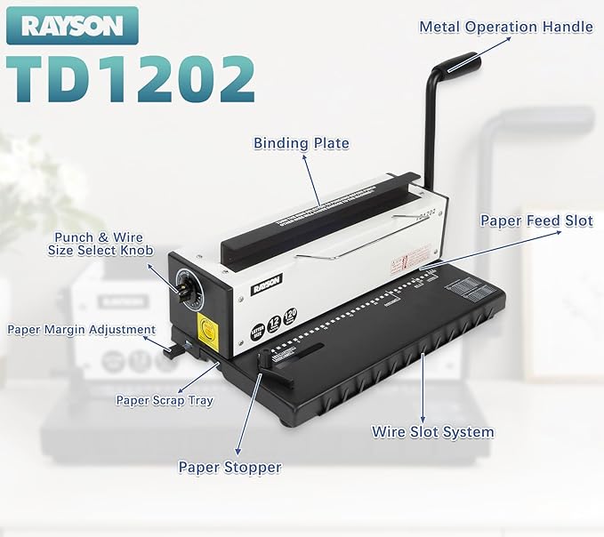 Rayson TD1202 Binding Machine, 3:1 Pitch Wire Binder, Punching 12 - Image 7
