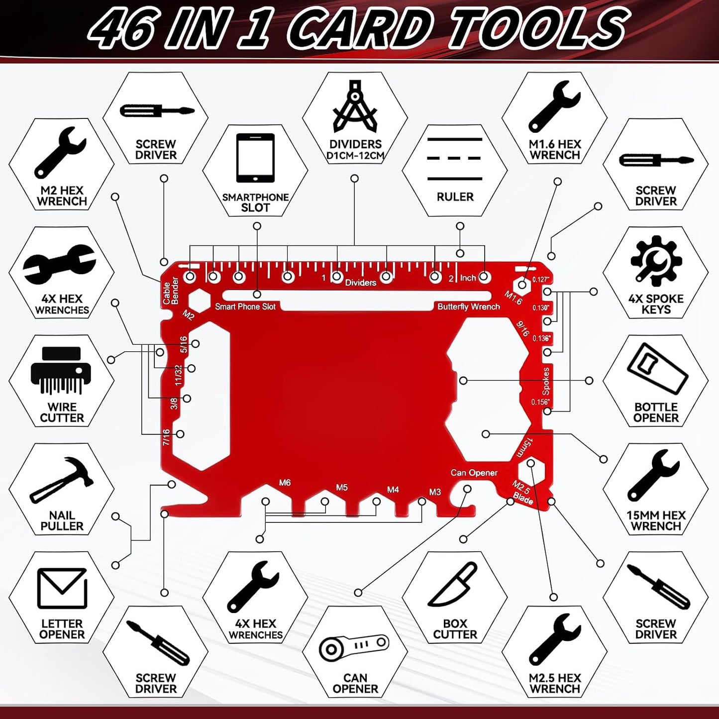Cholemy 12 Pcs Credit Card Wallet Multitool,Black, Red, Gold,Classic Style | 46 in 1,Metal Stainless Steel,Survival Pocket Tool,Bottle Opener,Multipurpose for Husband Dad Men Christmas Birthday Gift