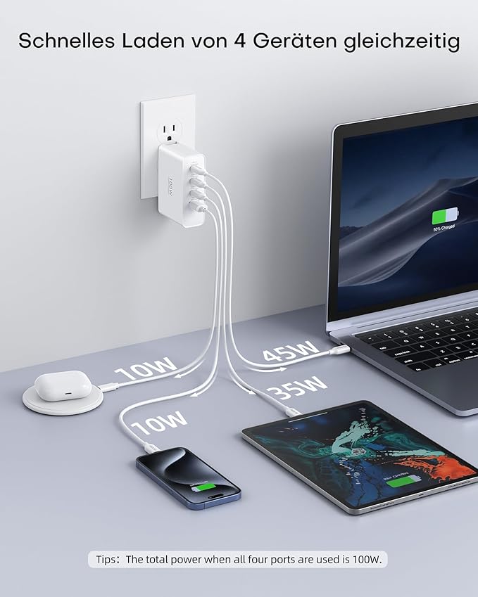 Topadre 100W USB C Travel Charger, 4-Ports Foldable Travel Adapter Plug - Image 4