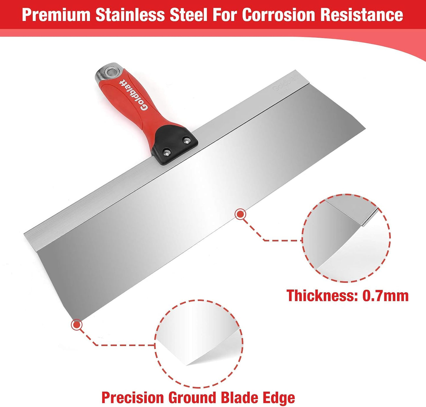 Goldblatt 5 Piece Stainless Steel Taping Knife Set for Drywall Finishing | 6 to 14 in, Drywall Knife, Putty Knife, Plaster & Taping Blade, Stainless Steel, Alloy Nail-set End, for Joint Compound