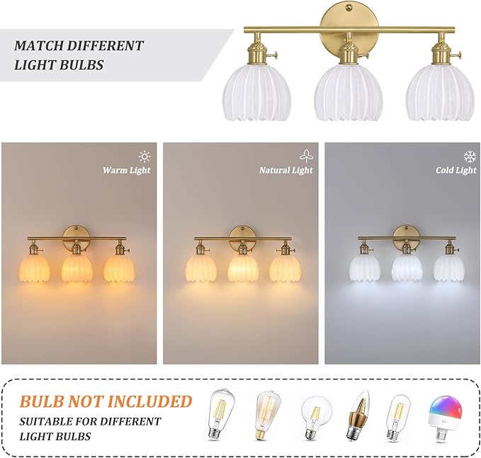 Shenmoyl Bathroom Light Fixtures, 3-Light Brass Vanity Wall Light Over Mirror - Image 3