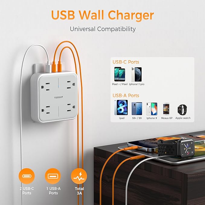 Multi Plug Outlet Extender, TESSAN 4 Outlet Splitter 3 USB Wall Charging Ports - Image 3