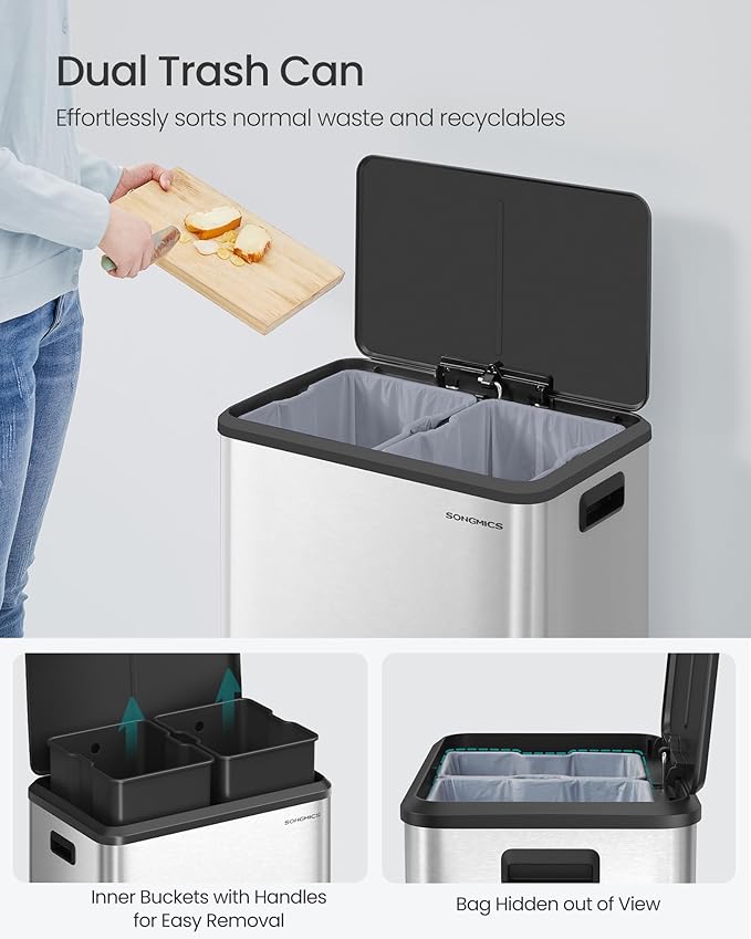 SONGMICS Trash Can, 2 x 8 Gallon Double Garabge Can - Image 4