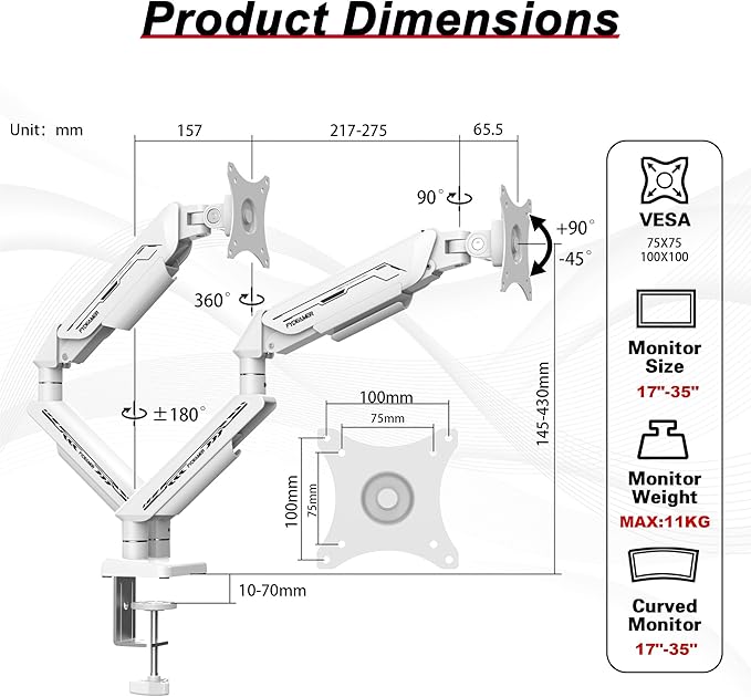 Fydeamer Dual Monitor Arm for 17-35" Screens up to 24.2 lbs, Ergonomic Gas - Image 3