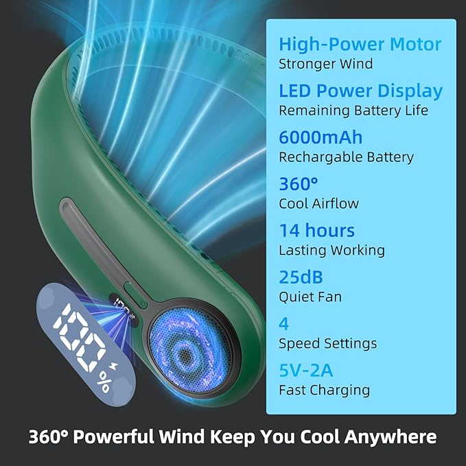 Kinhowly Portable Neck Fan, Hands Free Personal Wearable Bladeless Fan - Image 3