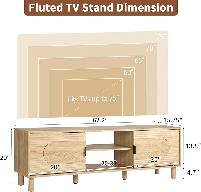 Bifins 63inch Wood TV Stand for Televisions up to 70 Inches, Mid Century Modern - Image 2