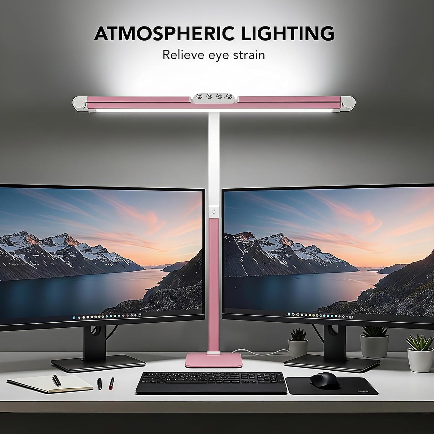 LED Desk Lamp for Home Office with Base, 28.2" Adjustable Gooseneck Swing Arm Bright Desk Light, Dimmable Architect Table Lamp for Desktop Computer Light, Reading, Study, Workbench（Pink）