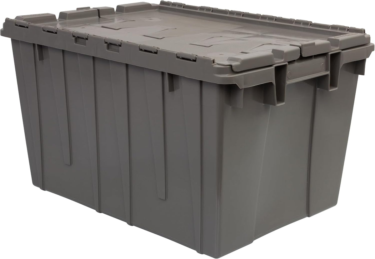 buckhorn 12g industrial plastic storage container, lid attached, front angle view