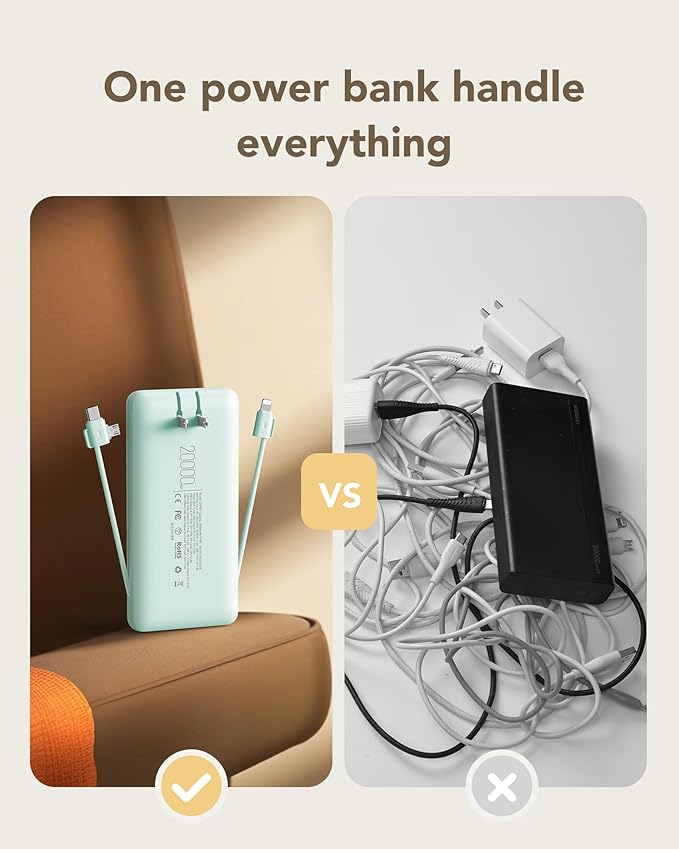 charmast Portable Charger with Built-in Cables and Wall Plug, 20000mAh 20W USB - Image 5