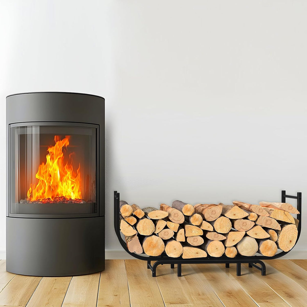 liantral curved firewood rack outdoor indoor, 48 inch, side view