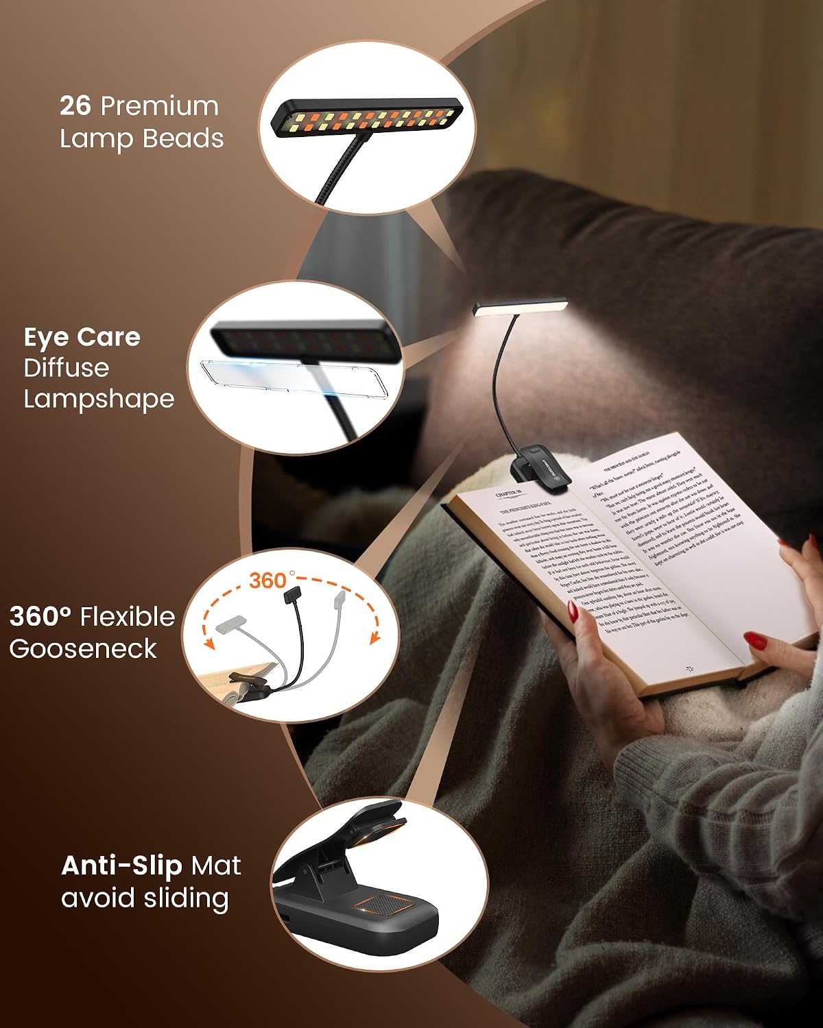 Glocusent 26 LED Reading Lights for Books in Bed, Ideal Gifts for Reader | Rechargeable Book Light, Eye Caring 5 Amber Colors Stepless Dimming, Travel Lightweight Clip-on, Book Lovers Men Women Kids