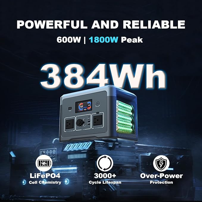 Portable Power Station, 384Wh LiFePO4 Battery Backup, 600W Solar Generator - Image 2