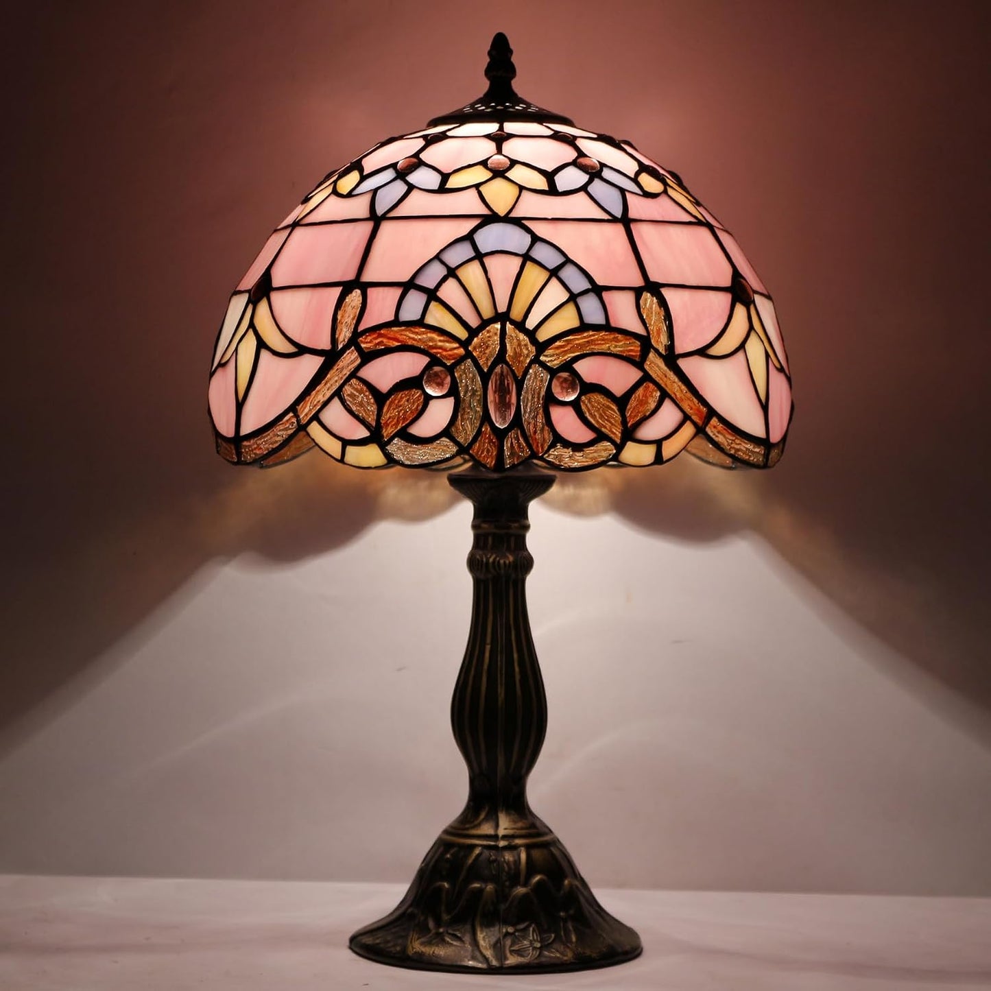 WERFACTORY Tiffany Lamp Bedside Pink Stained Glass Table Lamp 18 Inch Tall | 12X12X18 Inch Pink Baroque Style Lavender Reading Desk Light Decor Bedroom Living Room Home Office S003P Series