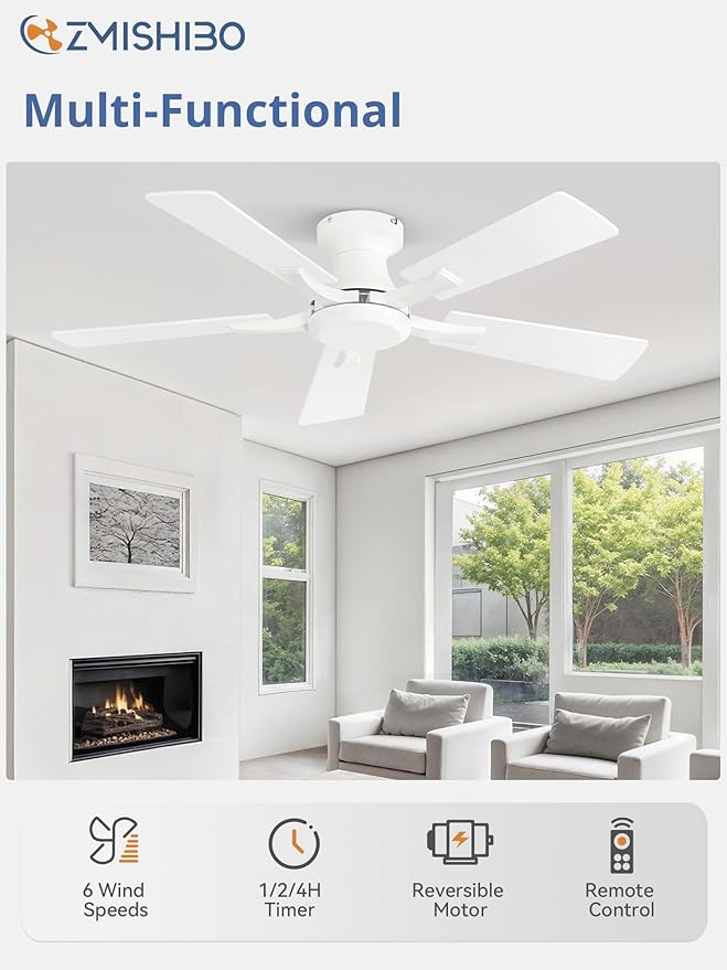 ZMISHIBO 42 Inch Ceiling Fan No Light, Flush Mount Low Profile, Modern White - Image 2