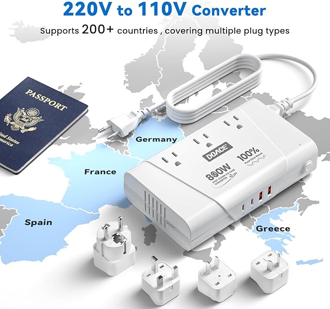 DOACE 800W Travel Adapter Voltage Converter, 220V to 110V Pure Sine Wave - Image 2
