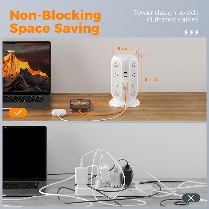 TESSAN Tower Power Strip with Individual Switches, Surge Protector with 12 - Image 3