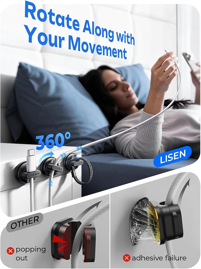 6-Pack Rotatable Cord Holder for Nightstand, LISEN 360°Rotating Magnetic Clips - Image 3
