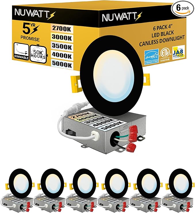 NUWATT 6 Pack, 4 Inch Ultra-Thin LED Recessed Lighting Black, 5CCT by NUWATTLighting