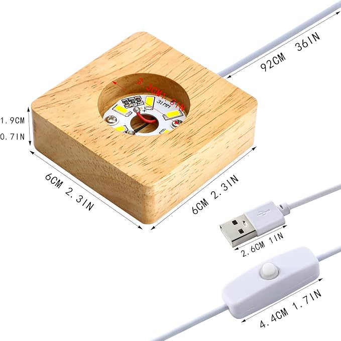 ZEERSHEE Pack 2 Wooden LED Light Display Base 2.3in Crystal Glass Light Base - Image 3