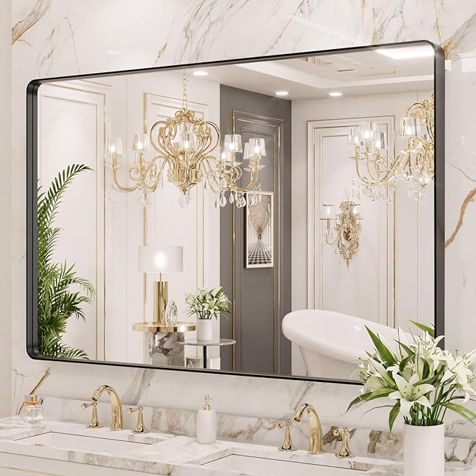 LOAAO 48X40 Inch Black Metal Framed Bathroom Mirror - Image 3