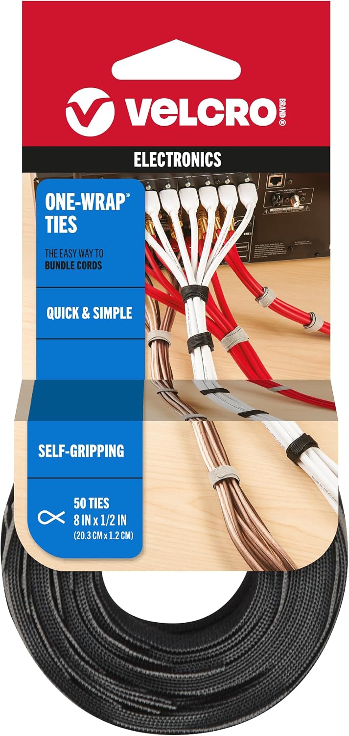 VELCRO Brand ONE WRAP Thin Ties | Strong & Reusable | Perfect for Fastening Wires & Organizing Cords | Black & Gray, 8 x 1/2-Inch | 25 Black + 25 Gray Ties | Thin Reusable Cable Ties For Fastening Wires And Organizing Cords; Ideal For Electronics, Home