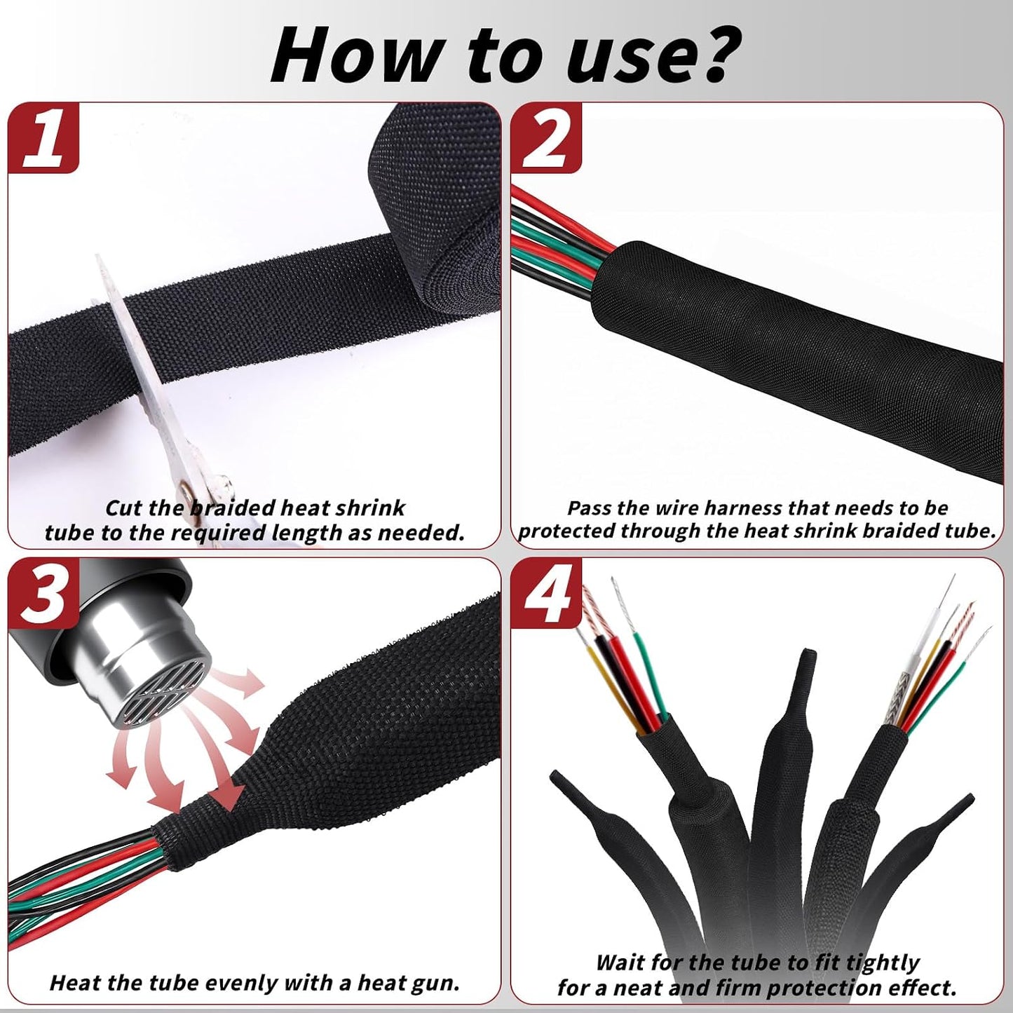 Oleitodh 100 ft 3/8 in 2:1 Heat Shrink Braided Sleeving, Black | Abrasion-resistant polyolefin and polyester sleeve for automotive wiring harness protection and cable management.
