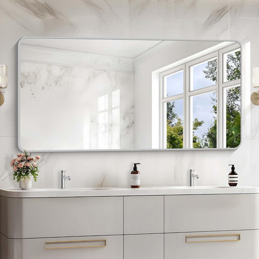 30x60 Inch Silver Bathroom Mirror, Large Rectangular Vanity Mirror, Metal