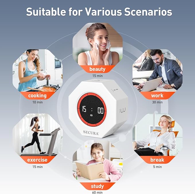 Secura Pomodoro Timer, Rotating Cube Time Tracker, Flip Gravity Sensor - Image 6