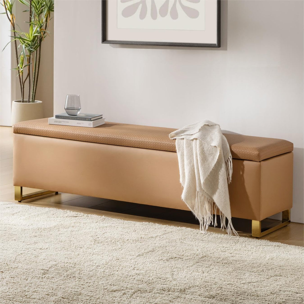 60" leather storage bench with throw ottomans, large, main product view