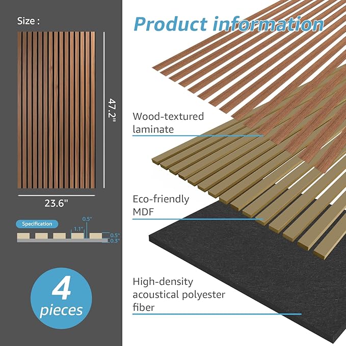 Art3d 4 Pack 47.2 x 23.6in. Wood Slat Acoustic Panels - Image 5