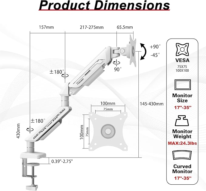 Fydeamer Monitor Arm for 17-35" Screens up to 24.2 lbs, Ergonomic Gas Spring - Image 7