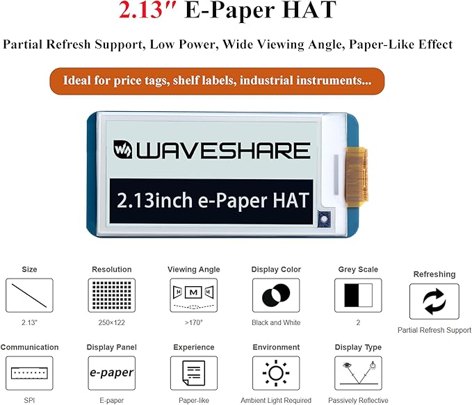 2.13inch E-Ink Display HAT V4 Version, Support Partial Refresh - Image 2